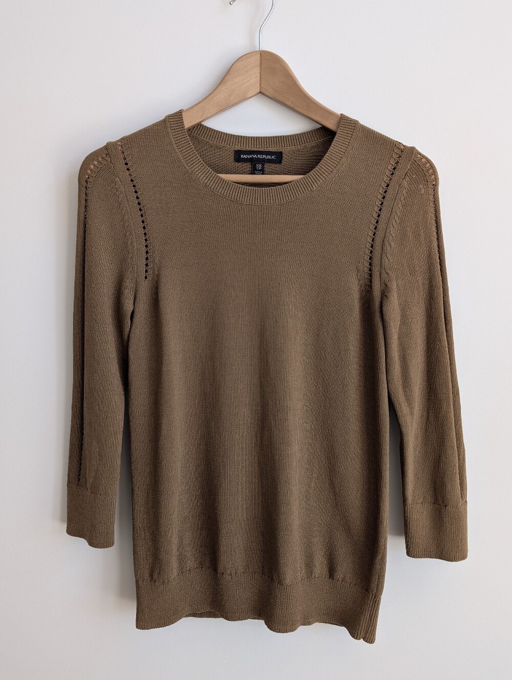 Banana Republic XS Cotton Nylon Pointelle Detail Sweater Top Olive Brown